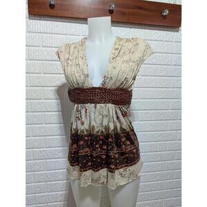 Sky Women's Floral Print Plunging Neck Braided Faux Leather Waistband Sz S